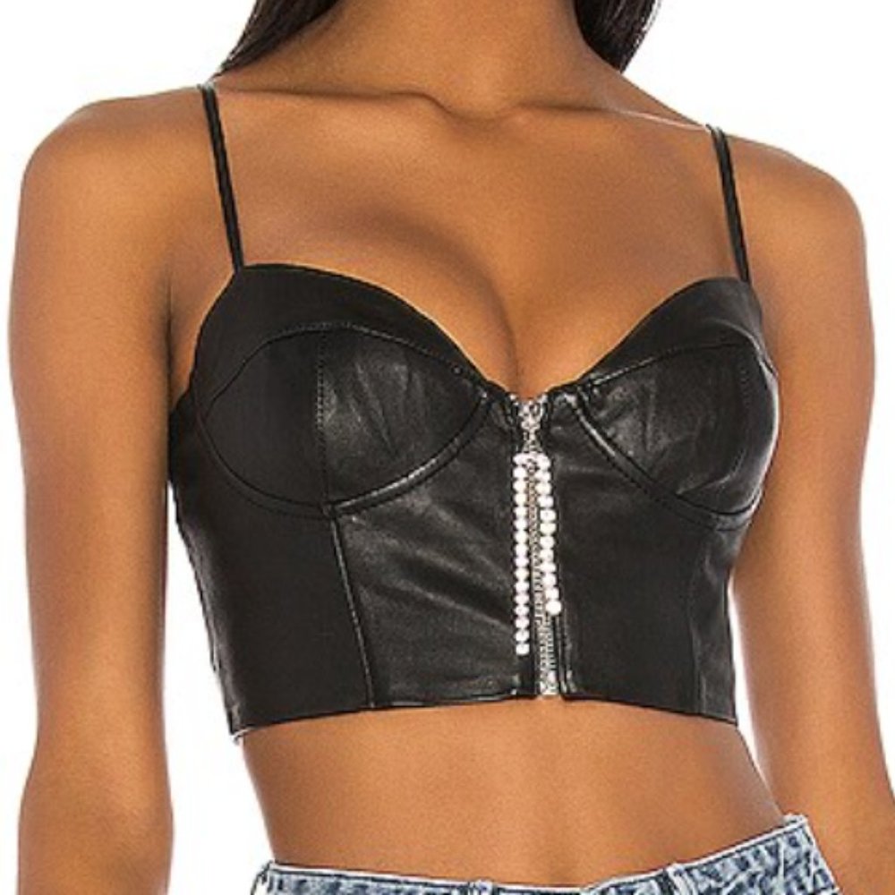 NWT GRLFRND Marcus Leather Black Cropped Corset Rhinestone Zipper Small